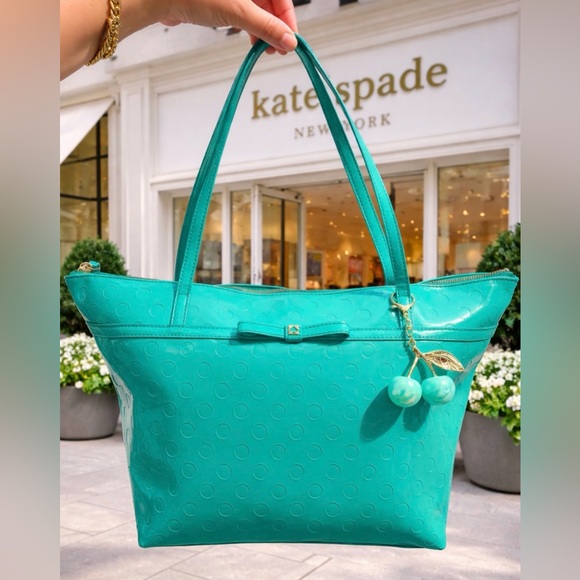 kate spade Handbags - Kate Spade Sophie Camellia Street Teal Tote w Gold Hardware & Matching Cherries